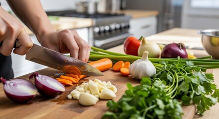 Person chopping vegetables on a wooden cutting board in a kitchen, preparing a healthy meal.