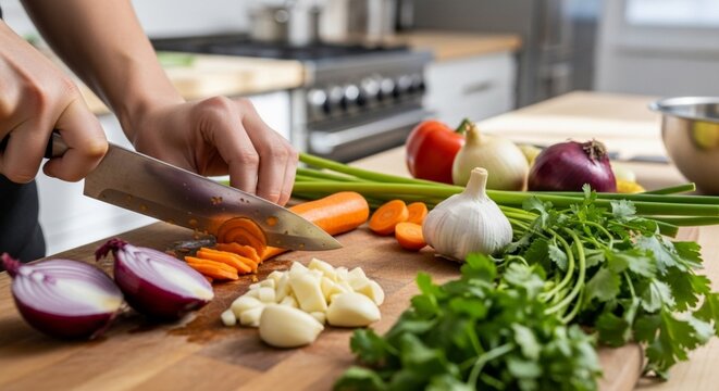 Person chopping vegetables on a wooden cutting board in a kitchen, preparing a healthy meal.