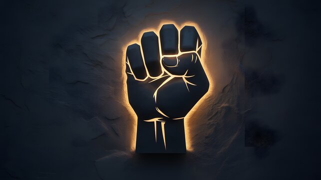 Raised fist symbol of power and solidarity glowing with strong light on dark textured background