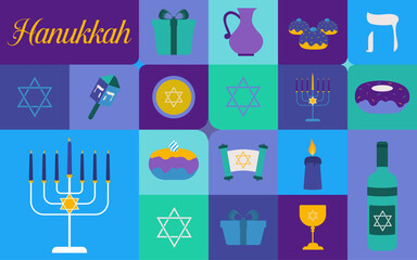 Design for the Jewish holiday of Hanukkah, Hanukkah symbols menorah, spinning top, donuts. Perfect for greeting cards, banners, posters, etc. Vector illustration
