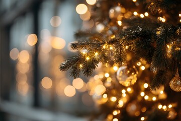 Christmas pine branches with golden ornaments and warm glowing bokeh lights