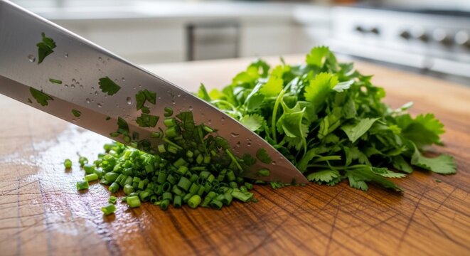 Chopping fresh herbs on a wooden cutting board with a sharp knife in a kitchen setting. - Powered by Adobe