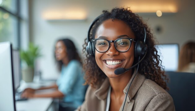Smiling Black woman wearing headset and glasses works in call center office. Customer service agent speaks to client. Coworker works on computer in background.