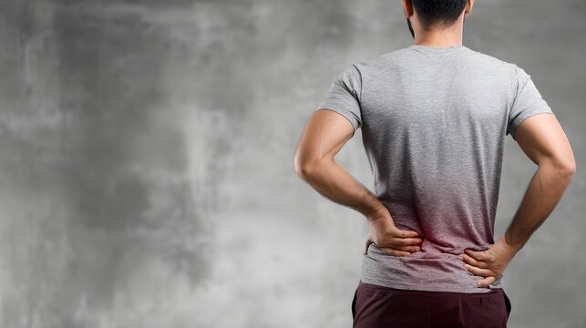 Man suffering from lower back pain, highlighted in red, against a textured gray background.