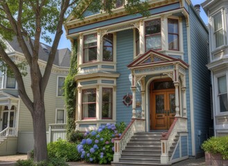 Elegant Victorian Home with Blue Siding and Ornate Details Surrounded by Lush Hydrangeas and Greenery