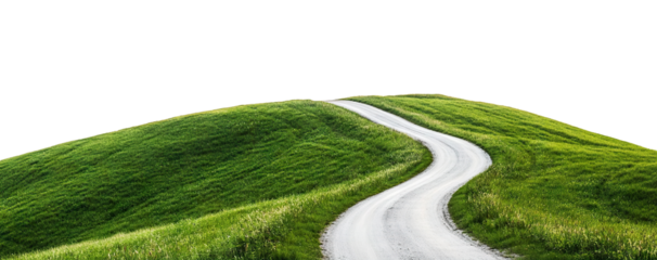 Winding rural road curving through green grass hill, isolated on transparent cutout background