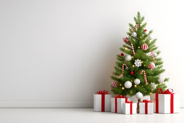 Christmas tree decorated with ornaments, candy canes, and festive lights, surrounded by red and white gift boxes
