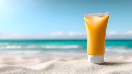 A mockup sunscreen tube standing on sandy beach with ocean waves in the background