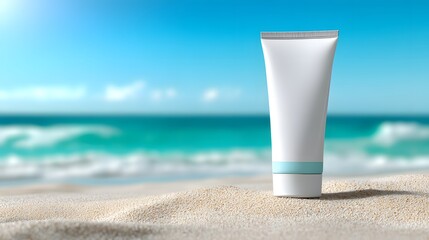 A mockup sunscreen tube standing on sandy beach with ocean waves in the background