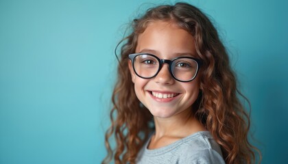 Fototapeta premium Happy young girl with glasses smiles. Portrait of child with curly hair against blue background. Cute kid in eyeglasses expresses joy. Beautiful child face expresses positive emotion.