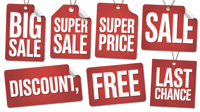 Red sale tags promote big savings event offering discount prices with free items and last chances isolated on white background