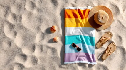 Colorful striped beach towel laid on smooth sand, surrounded by seashells, starfish, sunglasses, and a sun hat