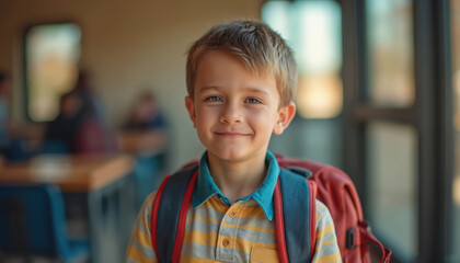 Smiling schoolboy portrait with backpack in school. Child smiles looking at camera. Back to school or education concept. Confident kid ready for studies in classroom.