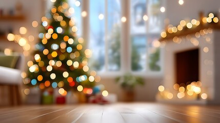 Warm, cozy Christmas interior with glowing bokeh lights and a softly blurred festive atmosphere