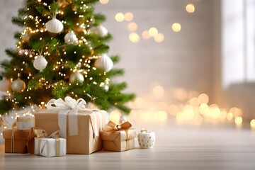 A beautifully decorated Christmas tree with glowing lights and festive ornaments stands beside a collection of neatly wrapped gift boxes