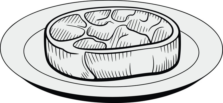 Black and white steak illustration on plate, detailed meat drawing with marbling texture, culinary food sketch, nutrition education artwork concept