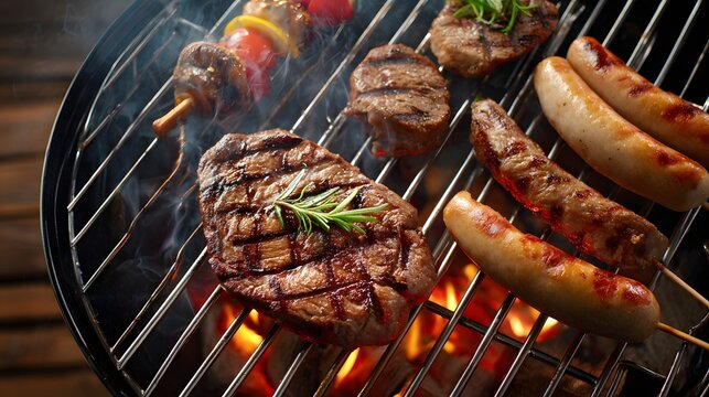 Juicy steaks over an open flame on a hot barbecue grill - Powered by Adobe