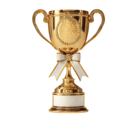 Classic gold trophy with white ribbon bow, isolated on transparent cutout background