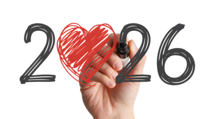 Hand drawing 2026 with a vibrant red heart, symbolizing love, hope, and aspirations for the new year isolated on white background