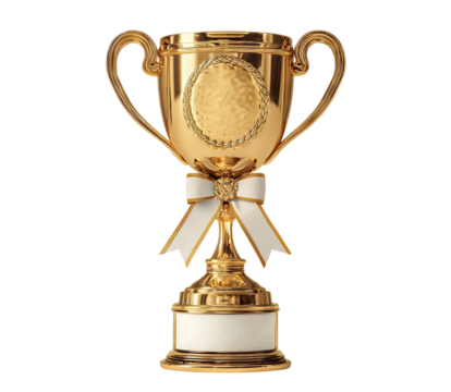 Classic gold trophy with white ribbon bow, isolated on transparent cutout background - Powered by Adobe