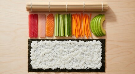 Sushi ingredients arranged on a bamboo mat, ready to be rolled into sushi.