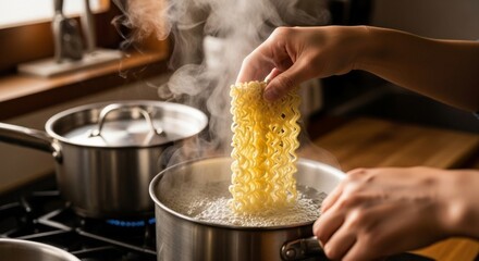 Cooking instant noodles in boiling water on a stove, with a person holding the noodles.
