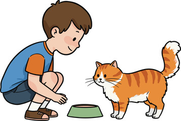 Boy feeding cat, cartoon pet care moment, orange tabby interaction, green bowl illustration, childhood compassion vector, white background design