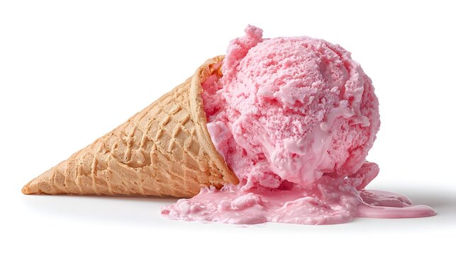 Melted strawberry ice cream scoop fallen from a waffle cone on a white background.