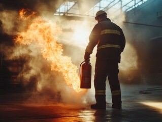 Brave firefighter in action combating flames with extinguisher in industrial setting