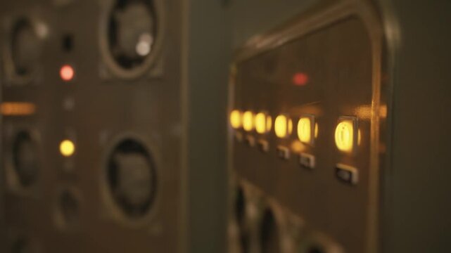 Vintage computer server rack with blinking lights