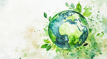Watercolor painting of planet Earth with green leaves, environmental concept