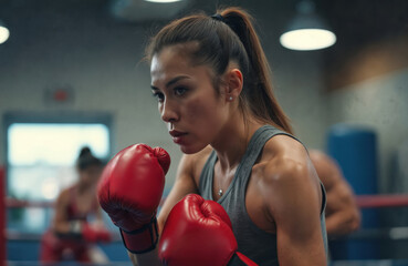 Female boxer trains in gym wearing red gloves. Woman demonstrates focus preparing for fight. Athlete practices sport doing warm-up. Boxing competition fitness workout.