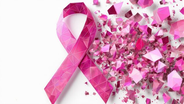 Breast Cancer Awareness Ribbon with Pink Geometric Shapes on White Background.