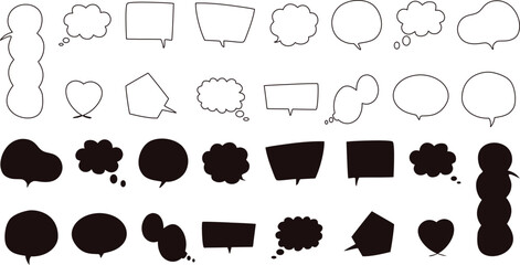 Comic speech bubble set featuring outline and solid silhouette styles for dialogue, thoughts, and messages. Ideal for comics, graphic design, stickers, and creative illustrations. Includes various 