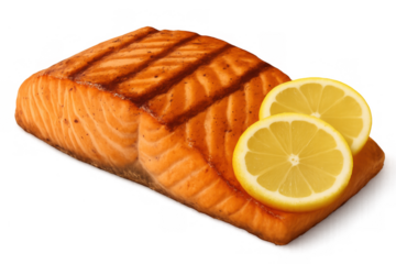 Grilled salmon fillet, pan seared fish with lemon slices for a healthy meal, transparent background