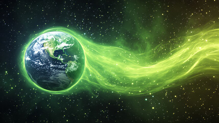Earth surrounded by vibrant green energy in a stunning cosmic display