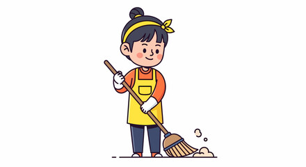 Cute cartoon girl in an apron sweeping the floor, illustration of housework and cleaning concept