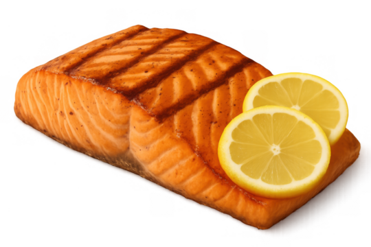 Grilled salmon fillet, pan seared fish with lemon slices for a healthy meal, transparent background