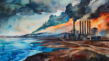 Watercolor painting of an industrial plant polluting the environment with smoke