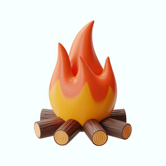 Stylized cartoon campfire with glowing orange and yellow flames and dark logs isolated on transparent background