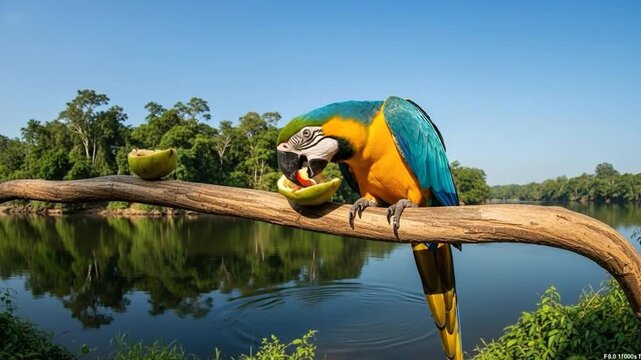 Exotic Macaw enjoying a fruit snack by a tranquil river on a bright sunny day