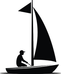 Silhouette graphic of a person sailing a small sailboat with a tall mast and two sails, isolated on white background
