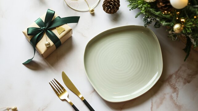Elegant christmas dinner table setting with gift and festive decorations - Powered by Adobe