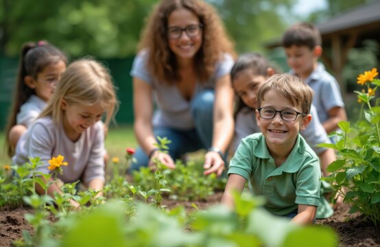 Female teacher with students learning gardening at school. Children plant flowers during outdoor eco lesson in garden. Happy boy in glasses smiles kids explore nature with educator, caring for plants