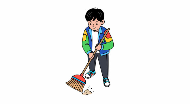 A young boy in a colorful jacket sweeping the floor with a red broom, doing his household chores