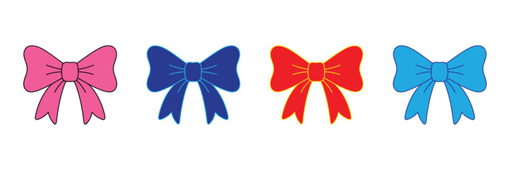 Collection of four colorful cartoon bows in pink, dark blue, red, and light blue, isolated on white background.