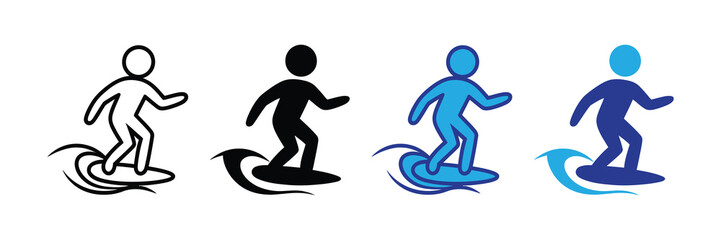 Collection of stylized surfer icons showing different styles, including outline, silhouette, and color variations, representing surfing and water sports.
