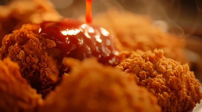 Crispy Fried Chicken Drizzled with Tangy Sauce A Close-Up of Delicious, Golden Perfection