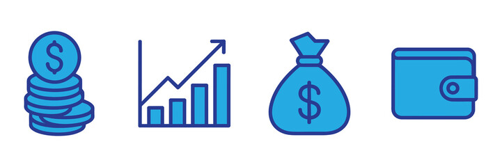 Stacked coins, rising bar graph, money bag with dollar sign, and wallet icons representing financial growth and wealth