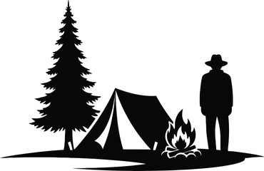 Silhouette graphic of a camper standing by a campfire next to a tent and a tall pine tree, isolated on white background